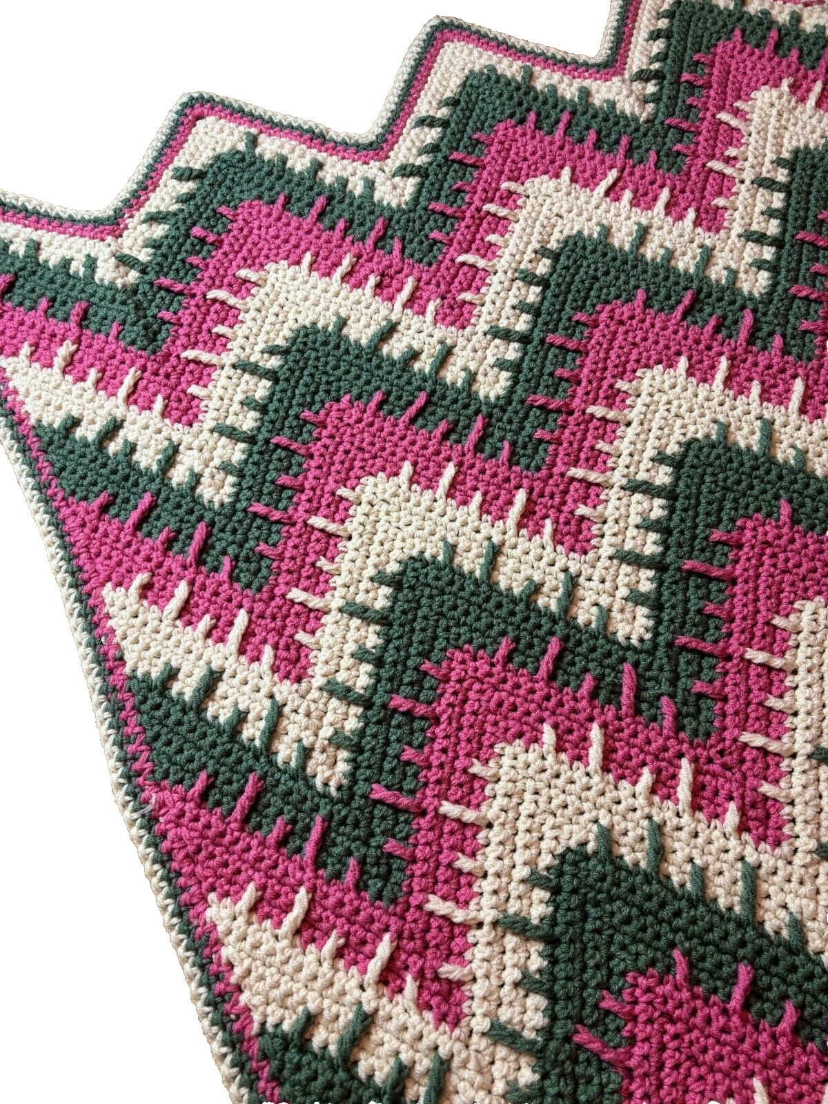 Granny Knit Handmade Crochet Afghan Blanket Throw Vintage Pink Chevron 76x46