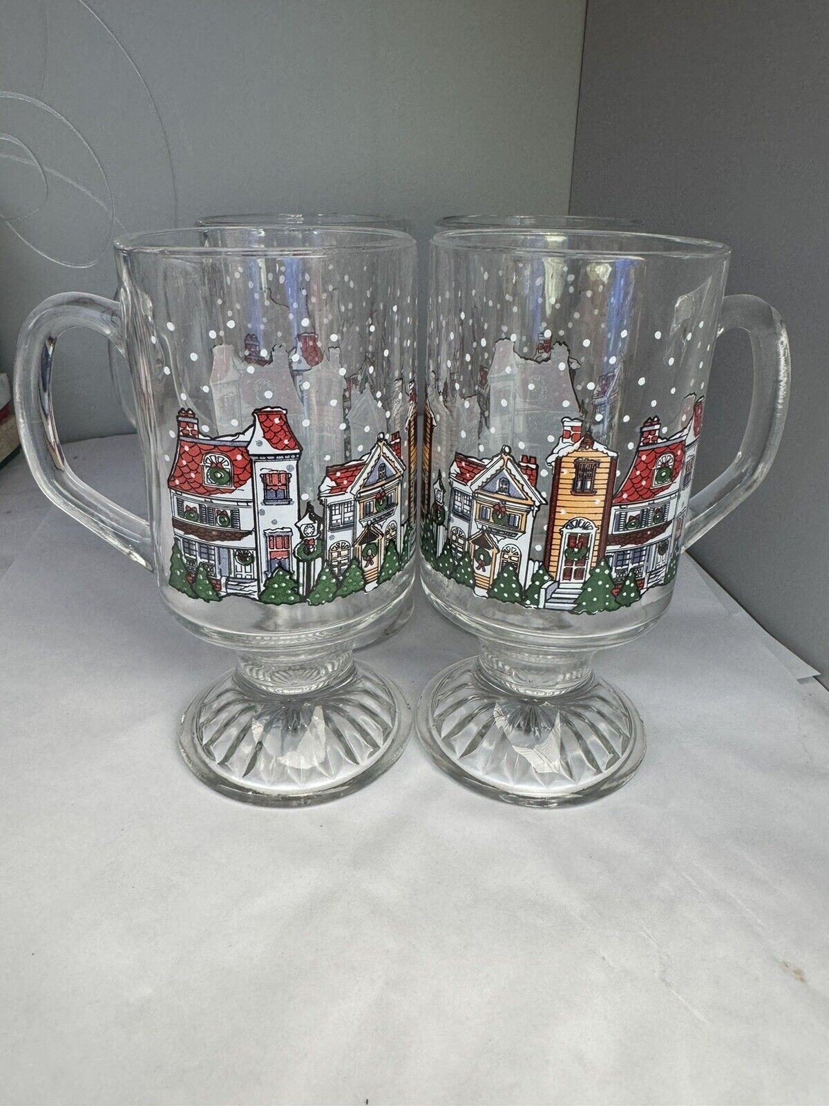Lot of 4 Vintage Glass Pedestal Christmas Village Mugs