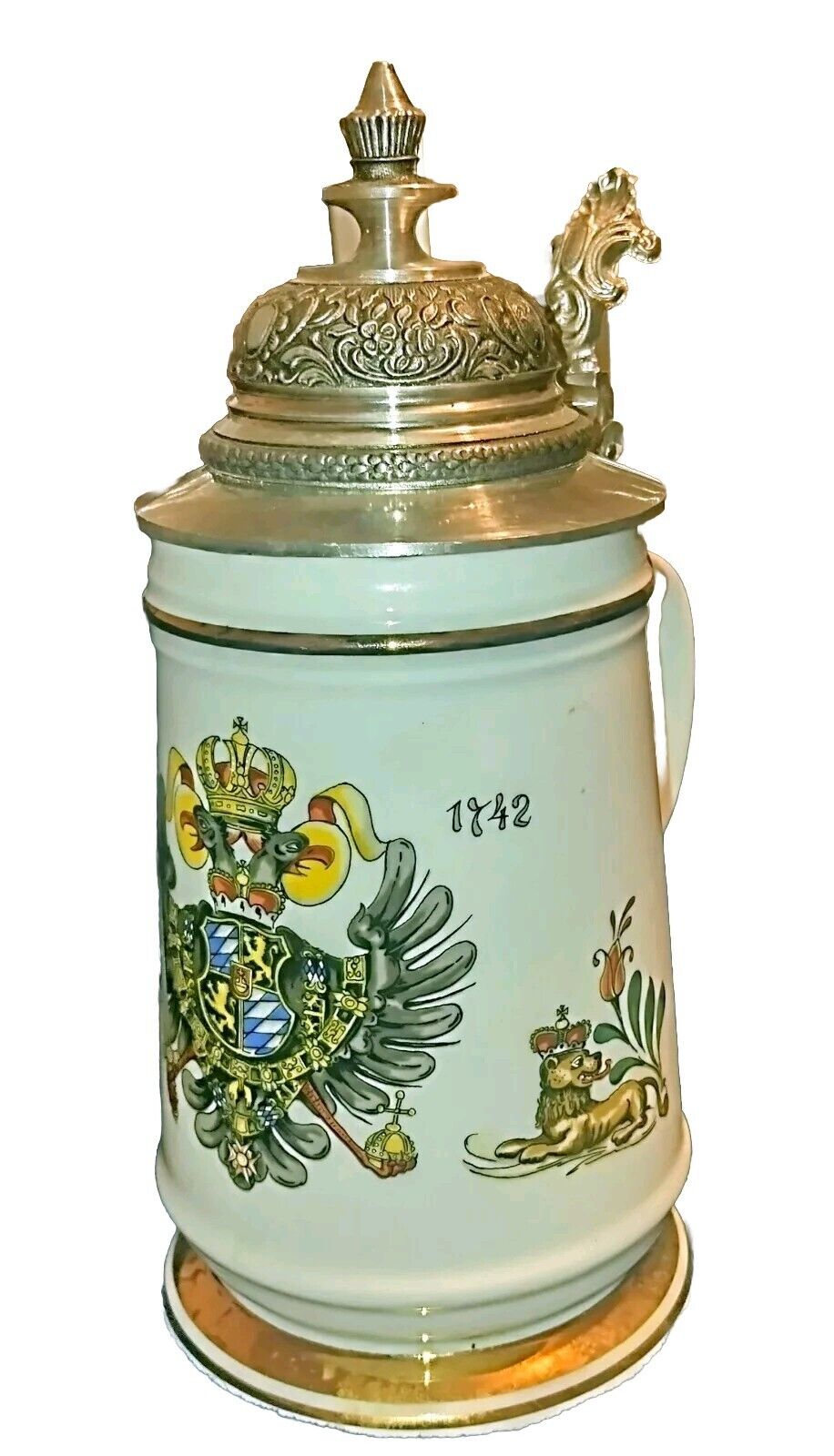 NEW Vintage Pewter Lidded German Beer Stein Gold Trimmed Porcelain