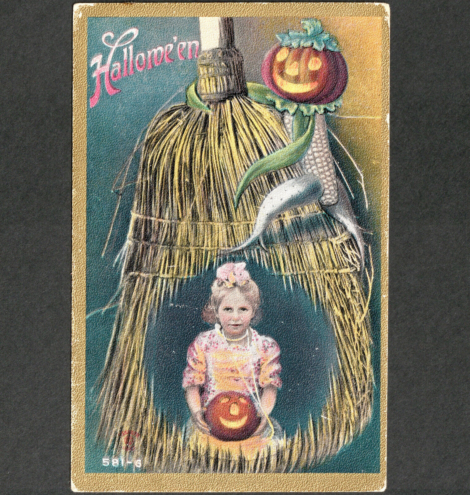 Halloween Blonde Girl Goblin Pumpkin Head JOL Broom P Sanders 581-6 old PostCard