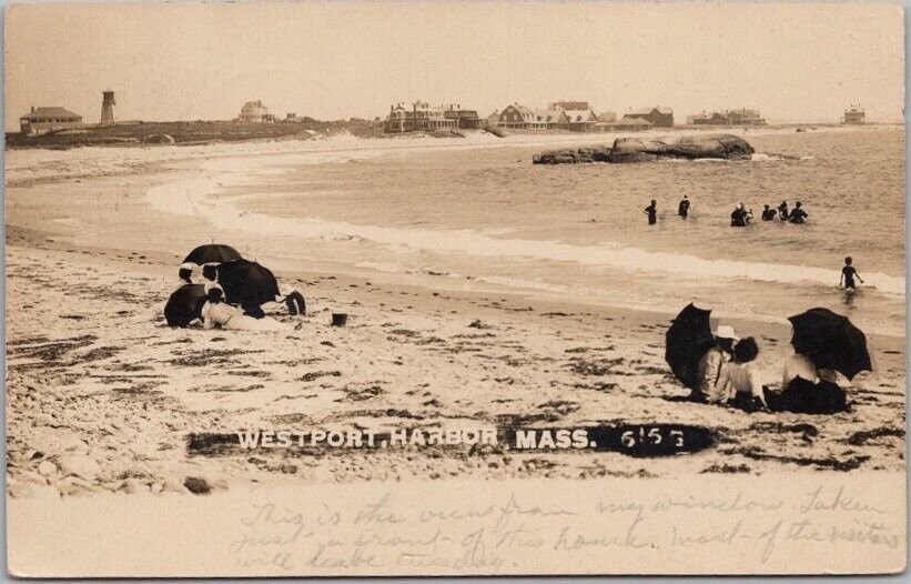 1910 WESTPORT HARBOR Massachusetts RPPC Real Photo Postcard Beach / Shore Scene