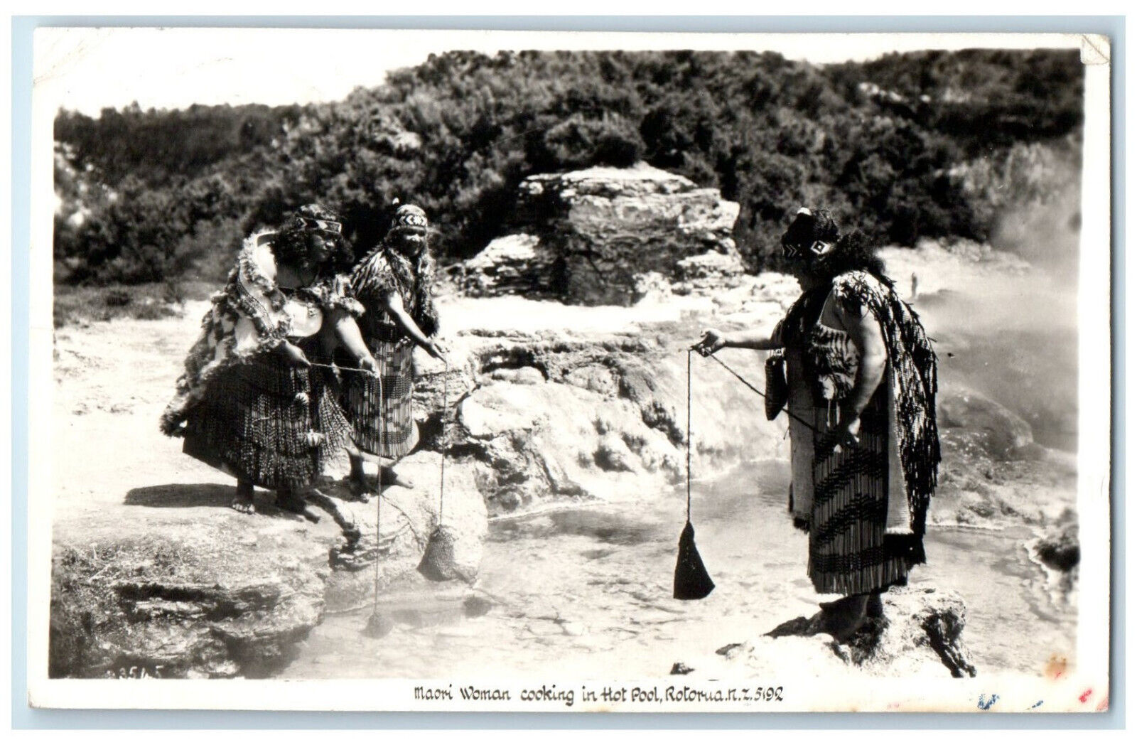 c1940\'s Maori Woman Cooking in Hot Pool Rotorua New Zealand RPPC Photo Postcard