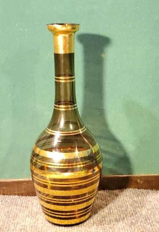 Vintage Vase Amber Gold Stripes Glass  11.5\'\'