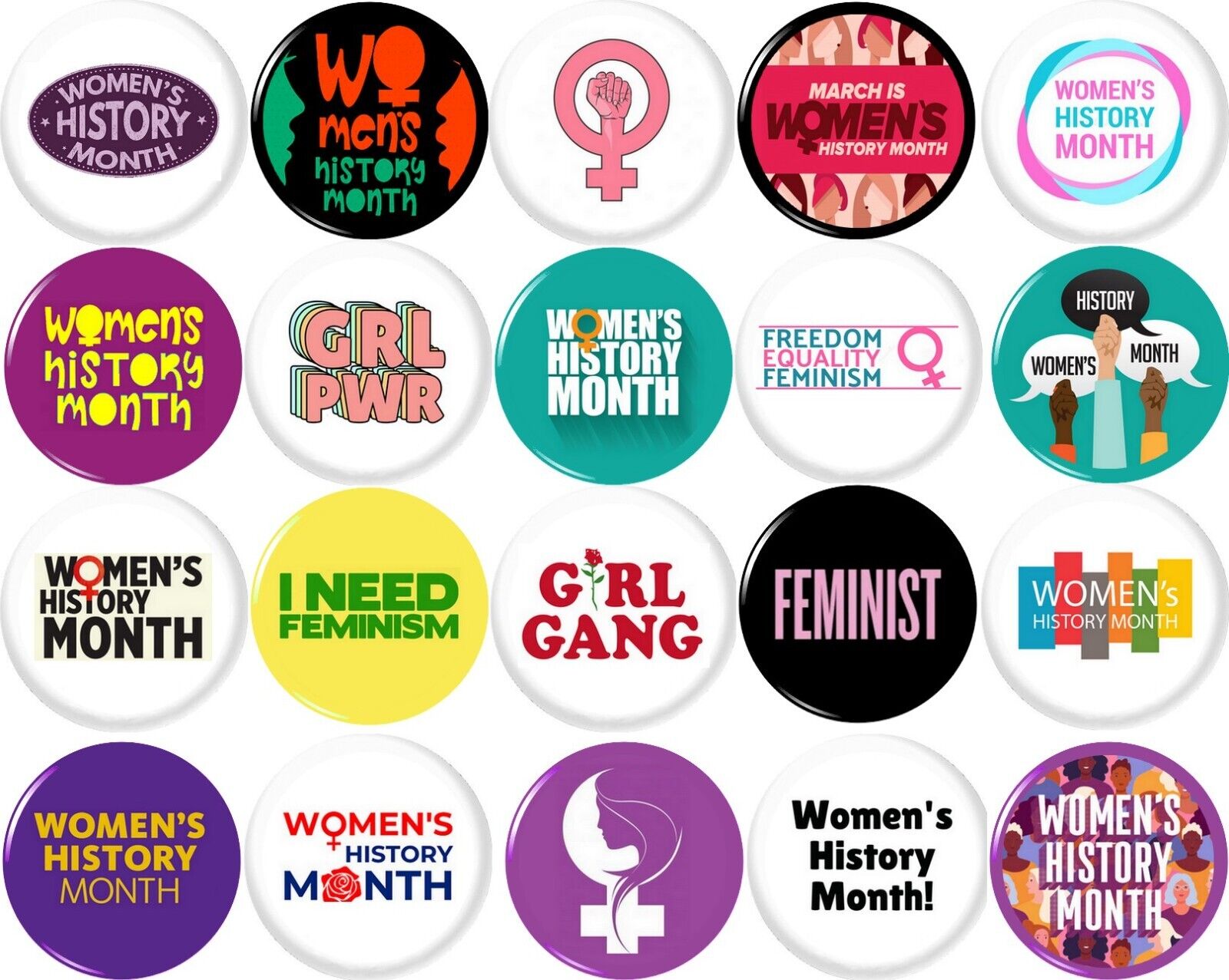 WOMEN'S HISTORY MONTH x 20 NEW 1 Inch (25mm) FEMINIST Buttons Badges Pins