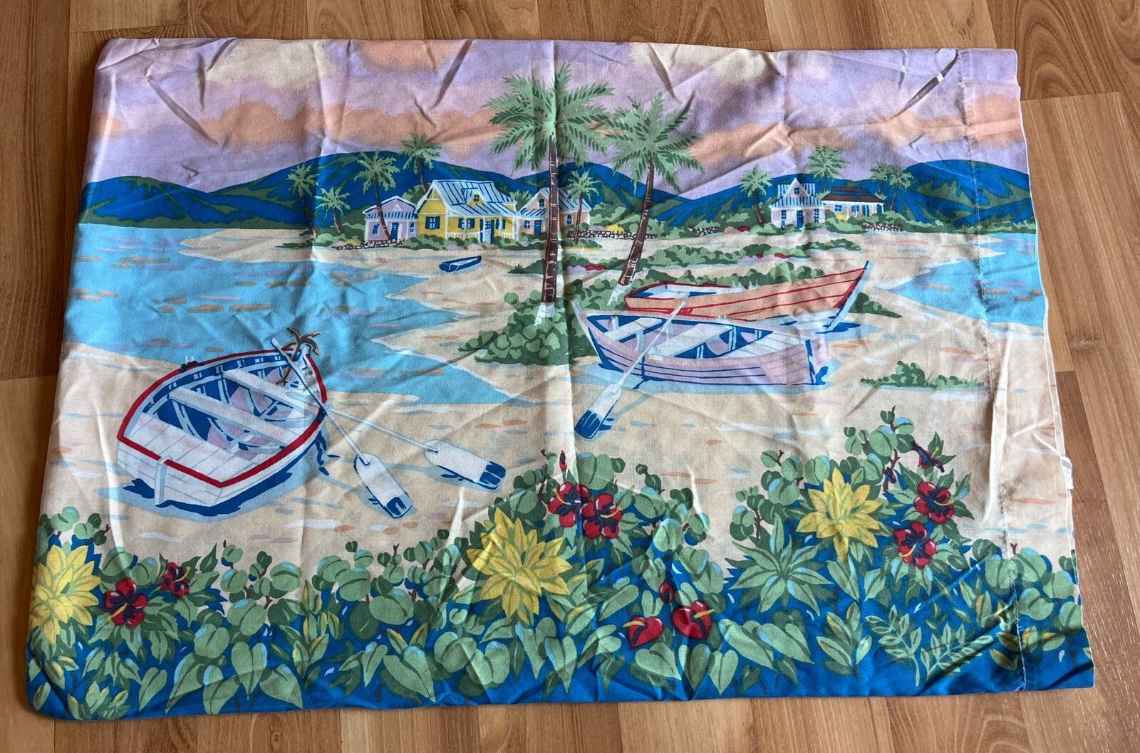 Vintage Tropical Beach Pillowcase Palm Trees Nautical Ocean Hibiscus Flower