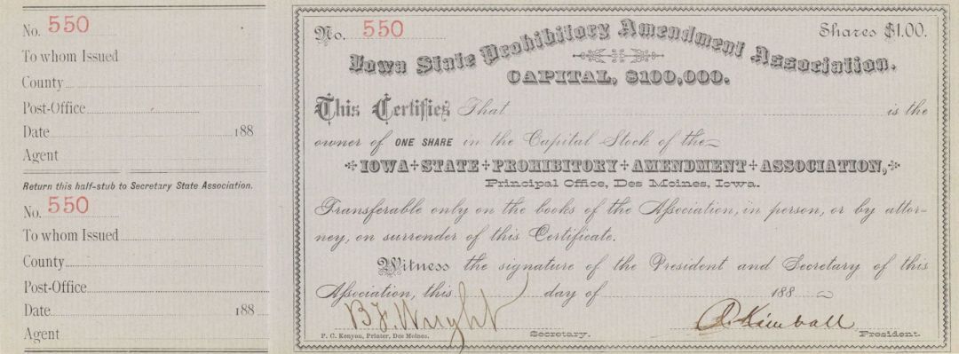 Iowa State Prohibitory Amendment Association - 1880's circa Partially Unissued S