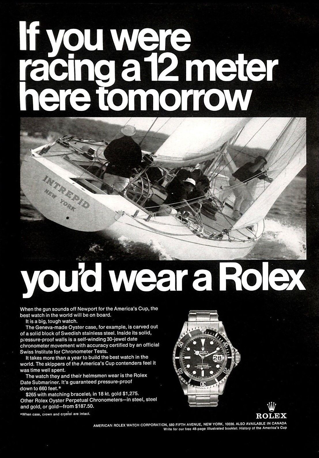 Vintage 1970 Rolex Date Submariner America\'s Cup Full Page Original Ad 1223