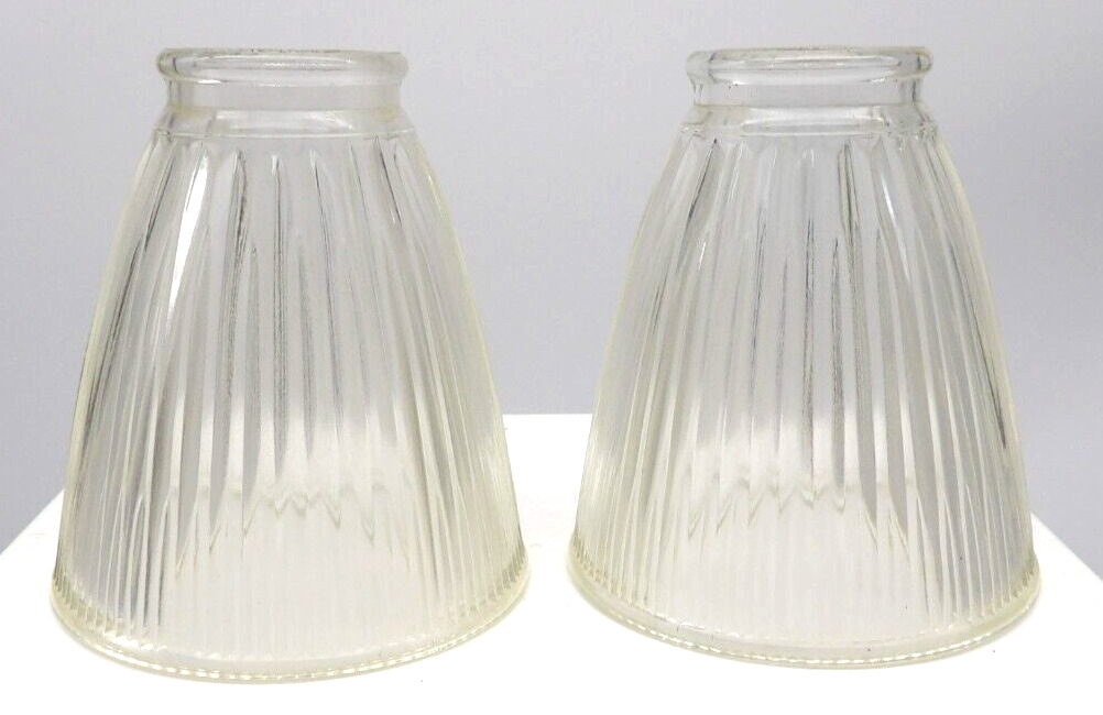 (2) VTG Ribbed Glass Light Fixture Ceiling Fan Wall Sconce Shade 2” Fitter