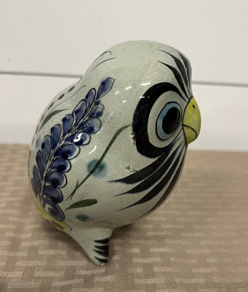 Artist Signed Hand Painted Mexican Pottery Owl Figurine Bird & Flowers  5” LAT