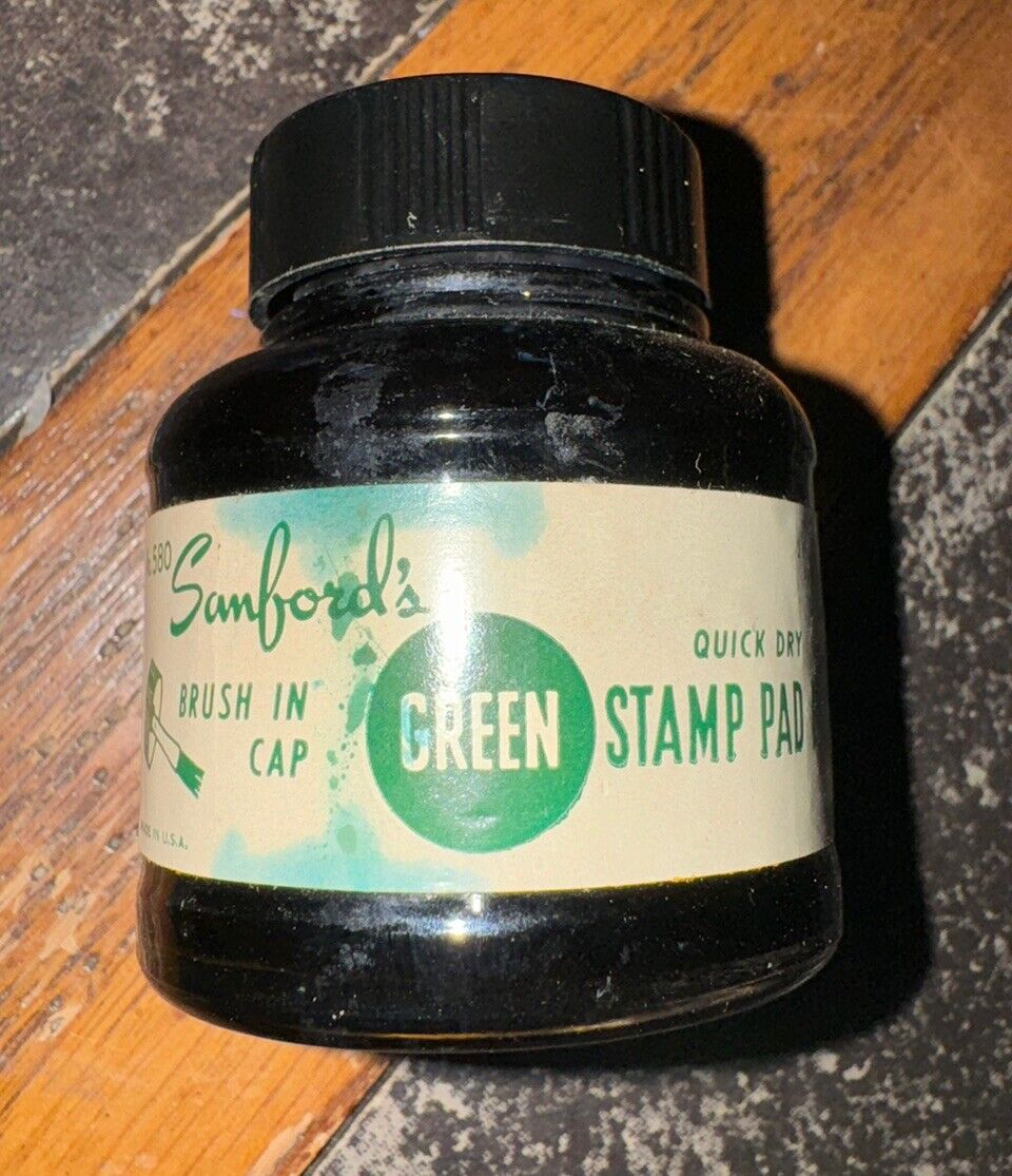 Vintage SANFORD Stamp Pad INK BOTTLE w/Brush No. 580 GREEN Quick Dry -  2oz