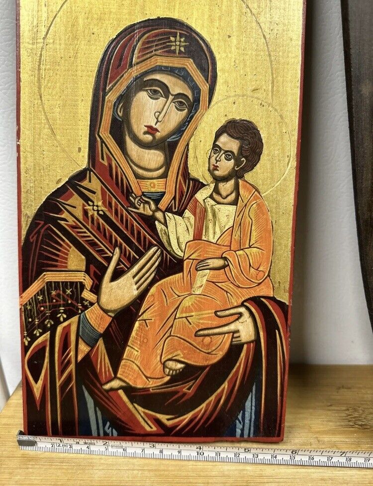 Vintage Handmade Orthodox Icon Theotokos & Christ 12x6
