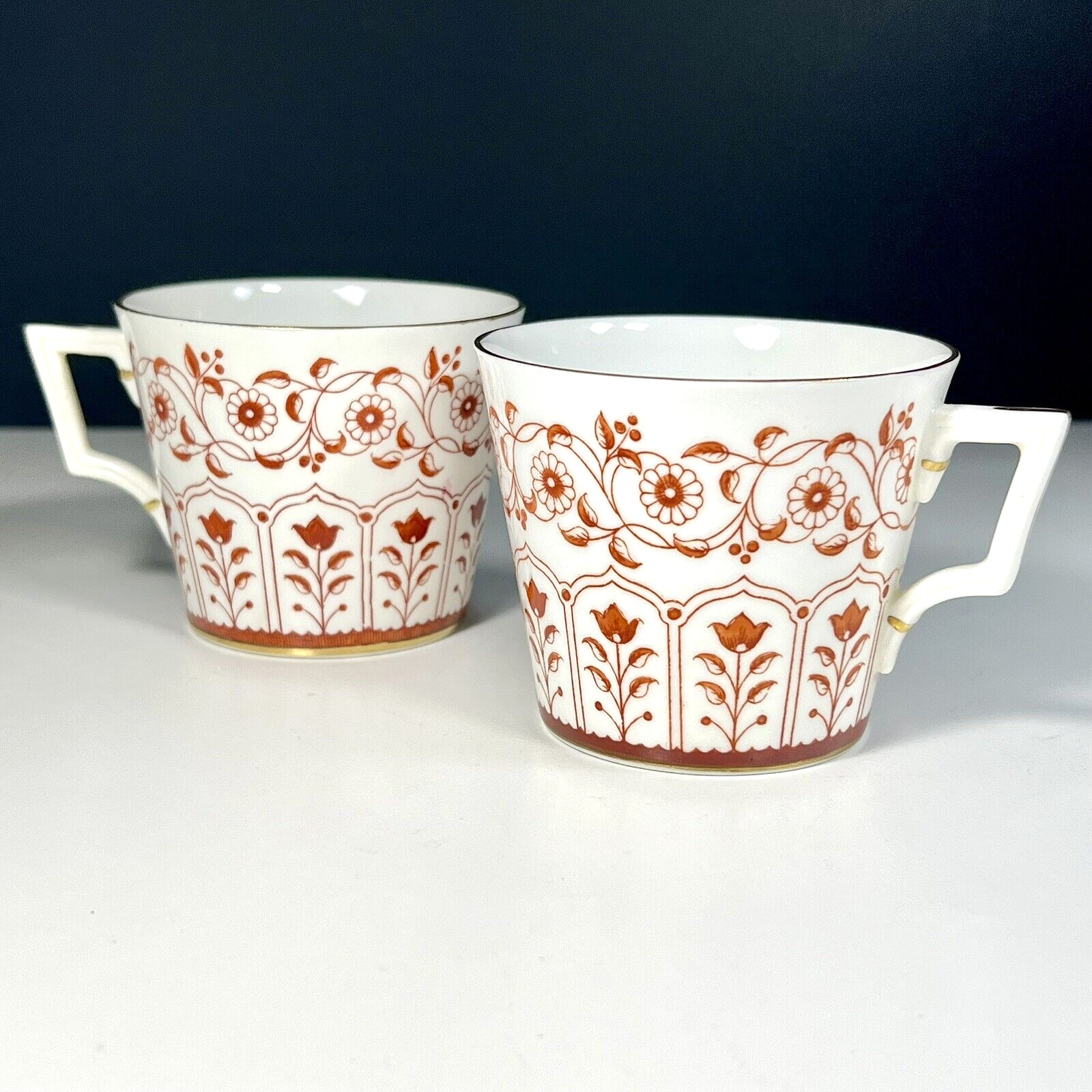 Vintage Royal Crown Derby Rougemont Pattern Tea Cups Gold Trim England Set of 2