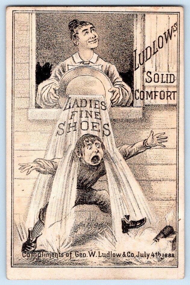 1882 4th of JULY LUDLOW'S SHOES*WOMAN DUMPS WATER ON BOY/FIRECRACKER*TRADE CARD