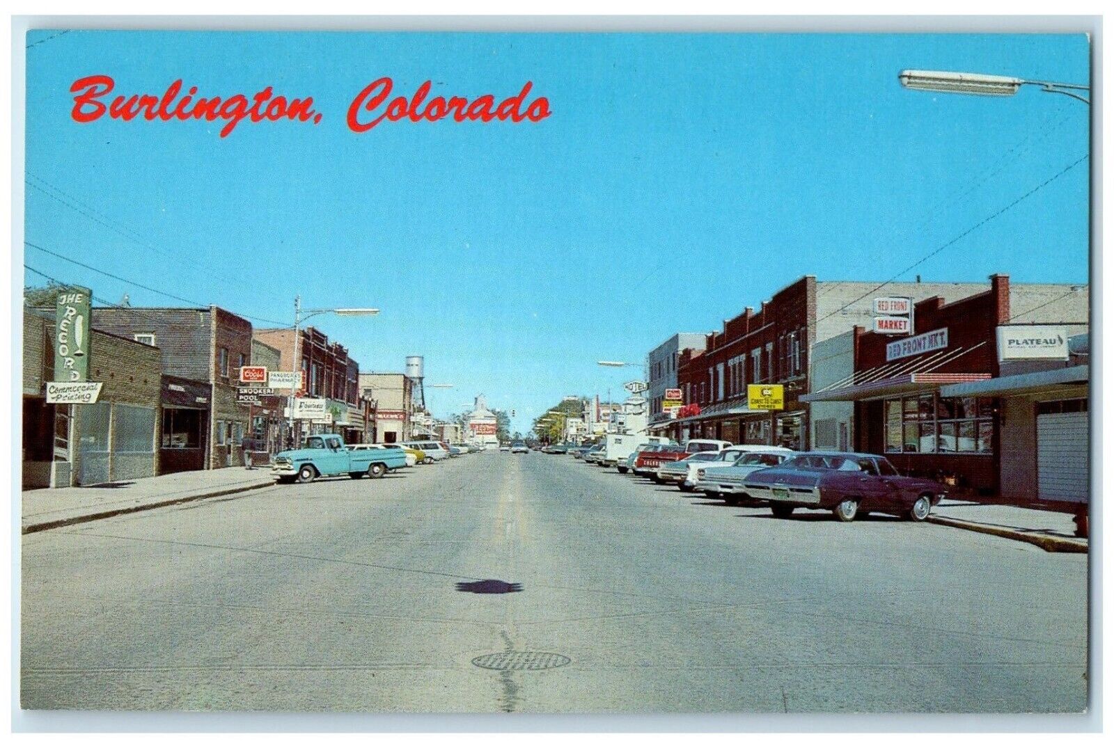 c1950's Main Street Cars Hotel Stores Burlington Colorado CO Vintage Postcard