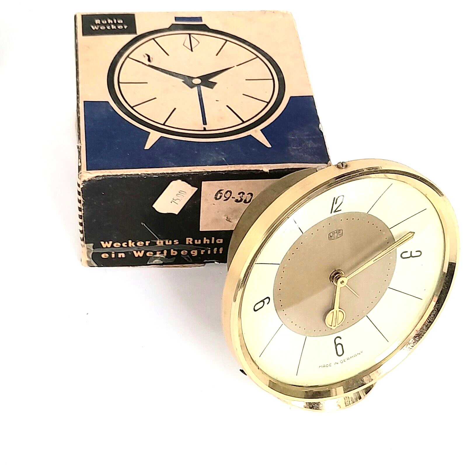 Vintage Alarm Desk Clock Space Age UMF RUHLA  Germany; Box