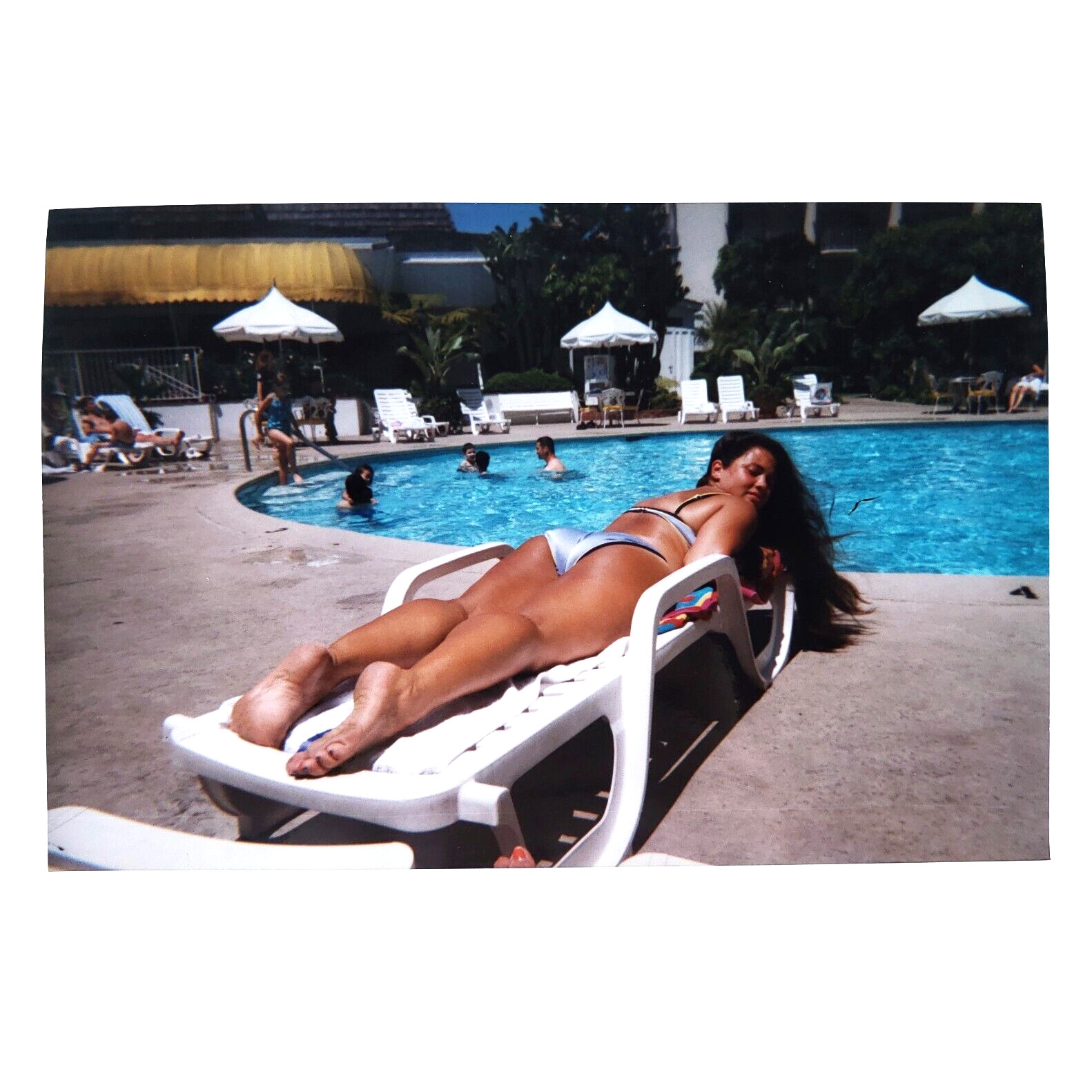 Tan Bottom Bikini Girl Photo Y2K Woman Sun Bathing at Resort Pool Snapshot B3279