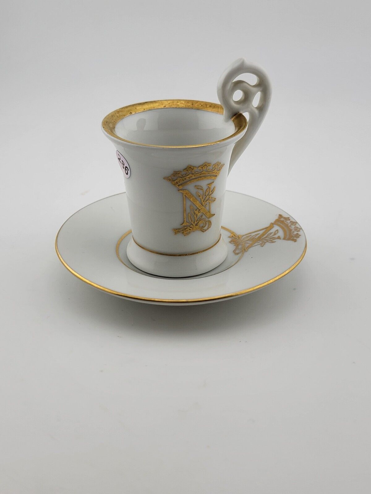 Antique Napoleon P.V. Czechoslovakia swan handle demi cup and saucer. VG Cond.
