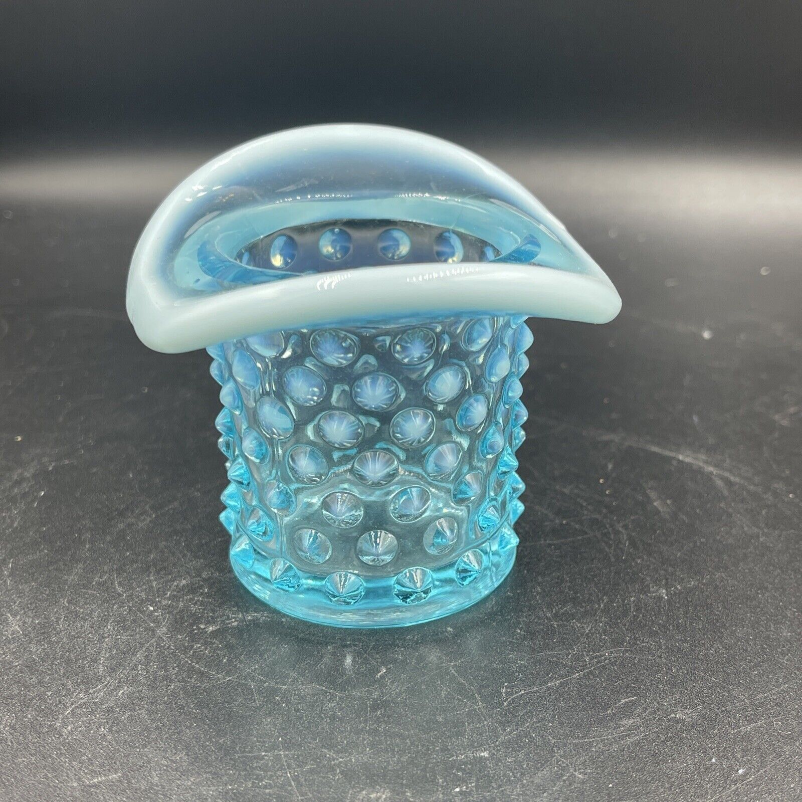 FENTON ART GLASS OPALESCENT TEAL BLUE HOBNAIL HAT TOOTHPICK HOLDER