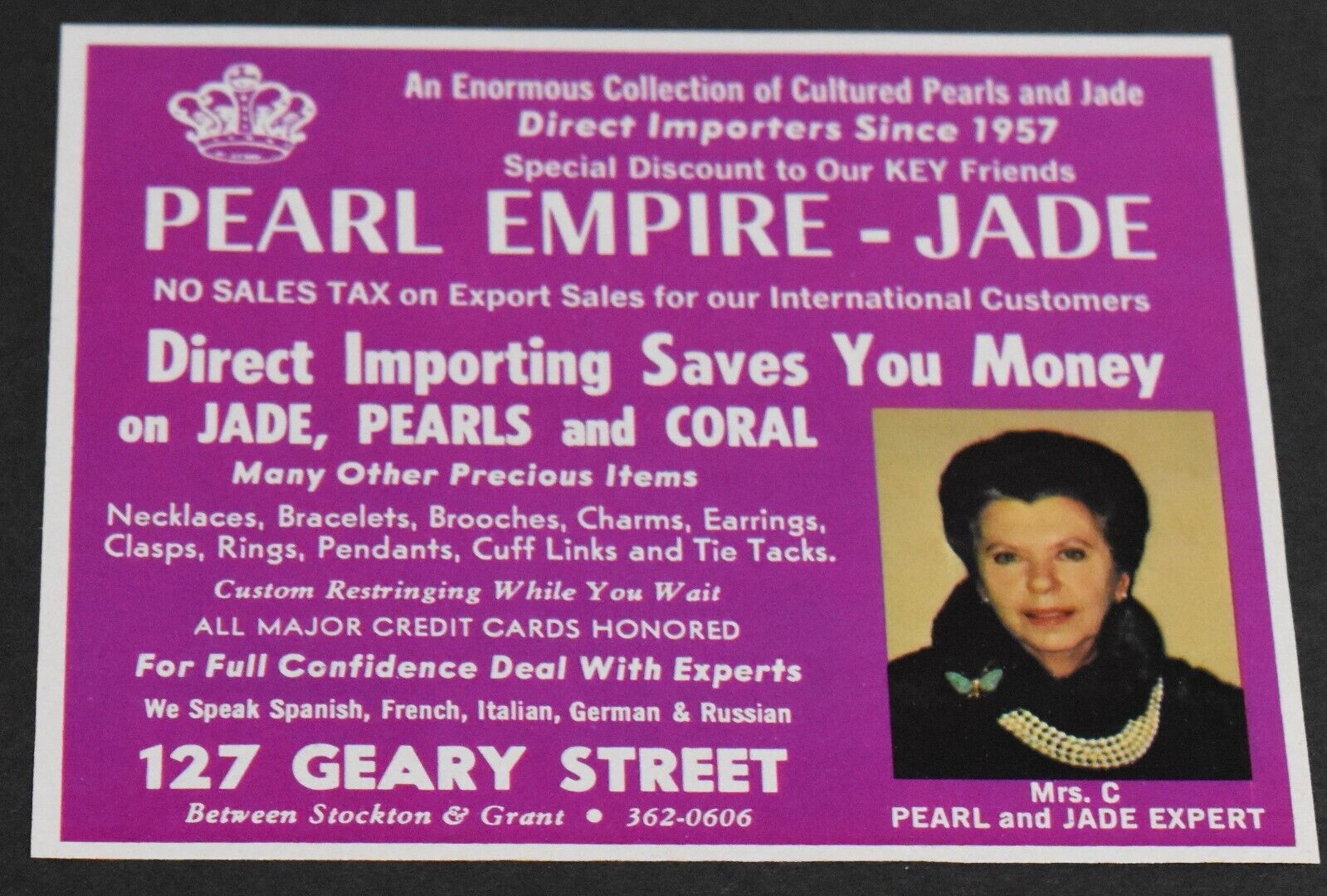 1979 Print Ad San Francisco Pearl Empire Mrs. C Jade Expert Pearls Jewelry art