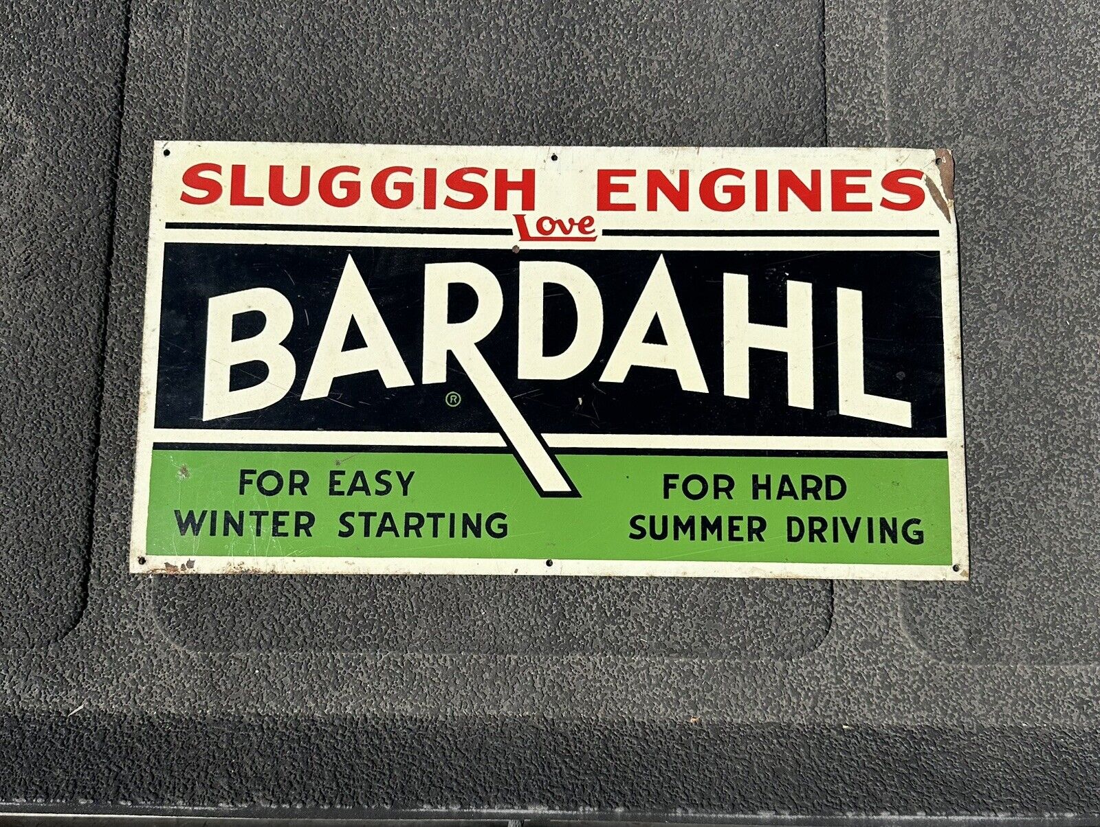 Vintage Original Single Sided Sluggish Engines Love Bardahl Tin Tracker Clean