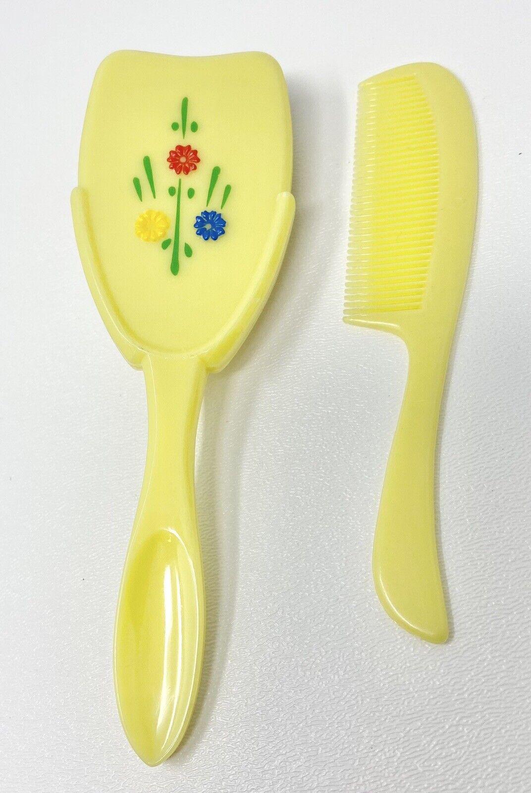 Vintage Baby Doll Brush Comb Set Plastic Yellow Flowers 70s Hippie Hong Kong