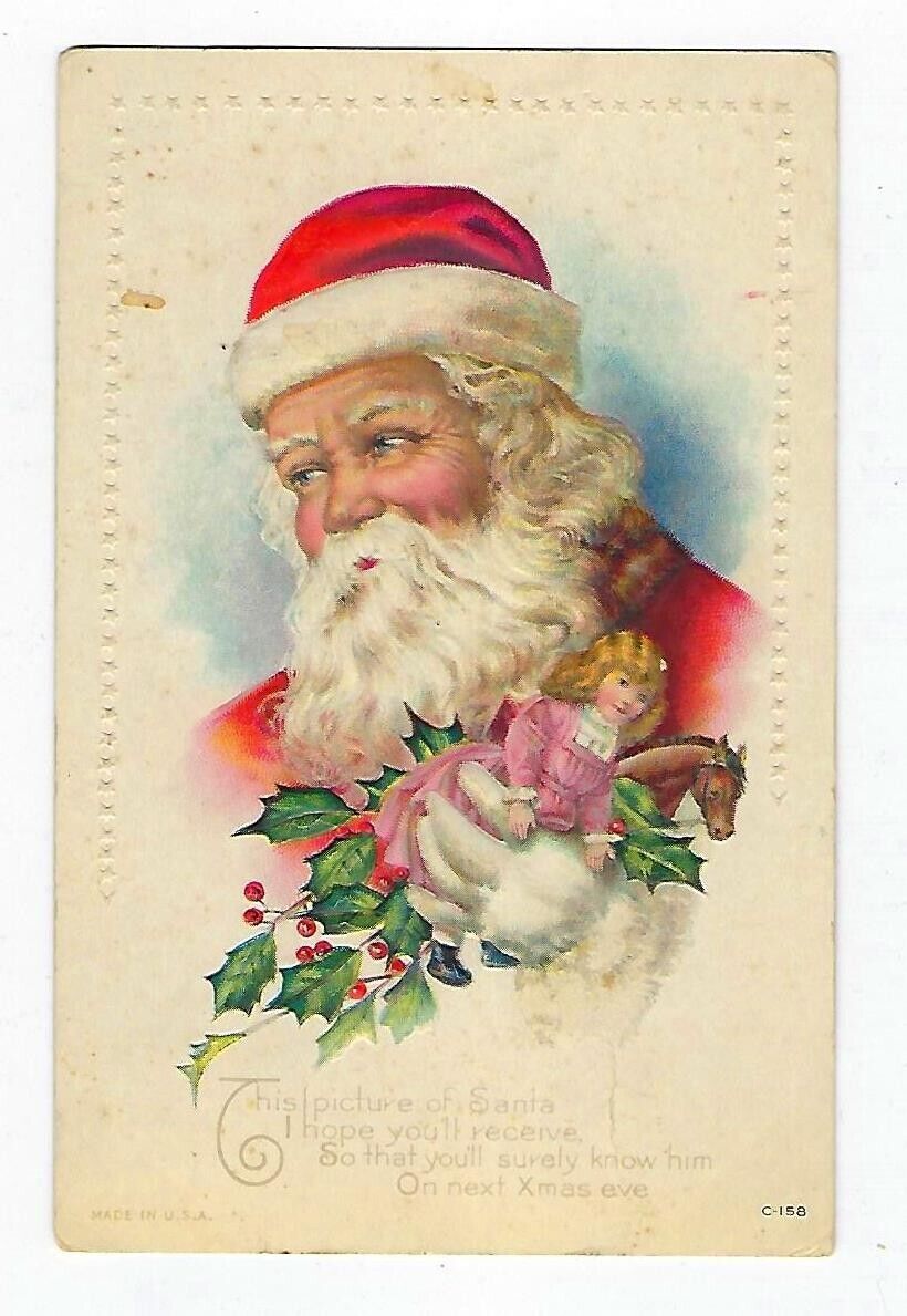 1916 C-158 Christmas Postcard Santa Holding Toys Embossed - Posted