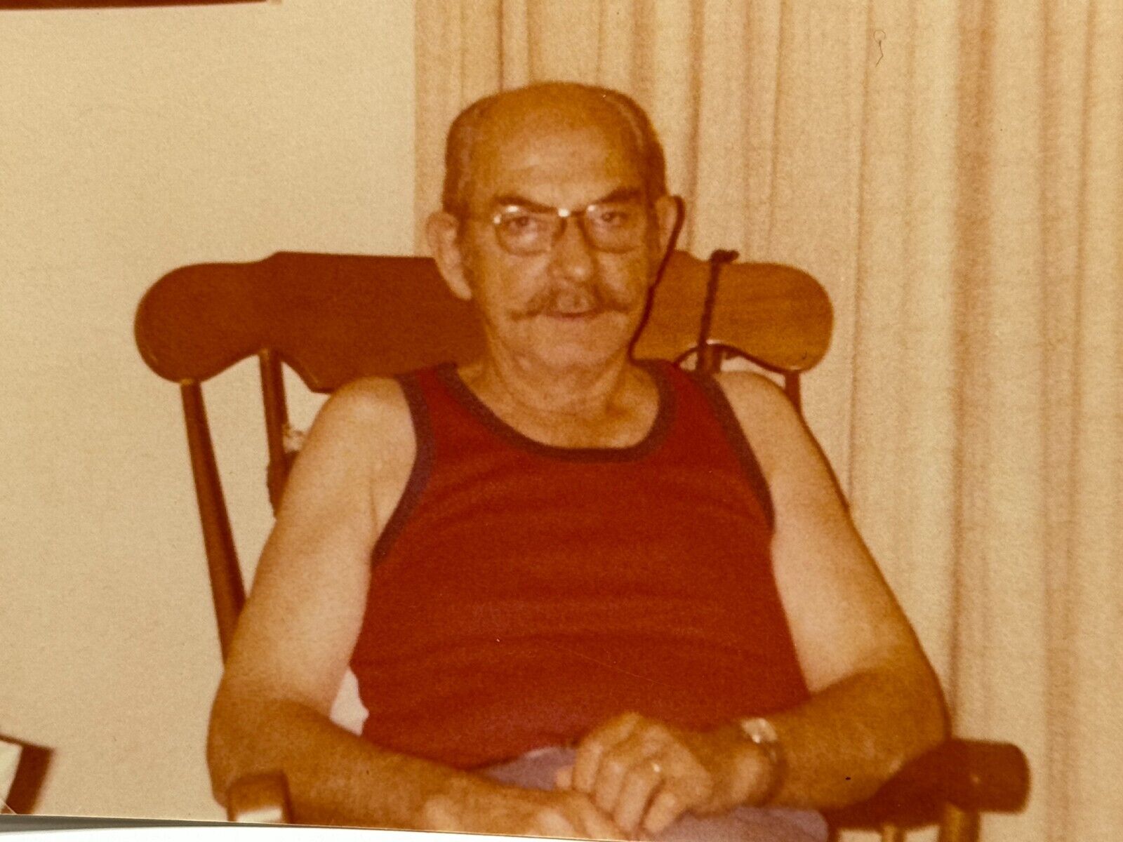1V Photograph Handsome Old Man Looks At Camera Rocking Chair Mustache 1970's