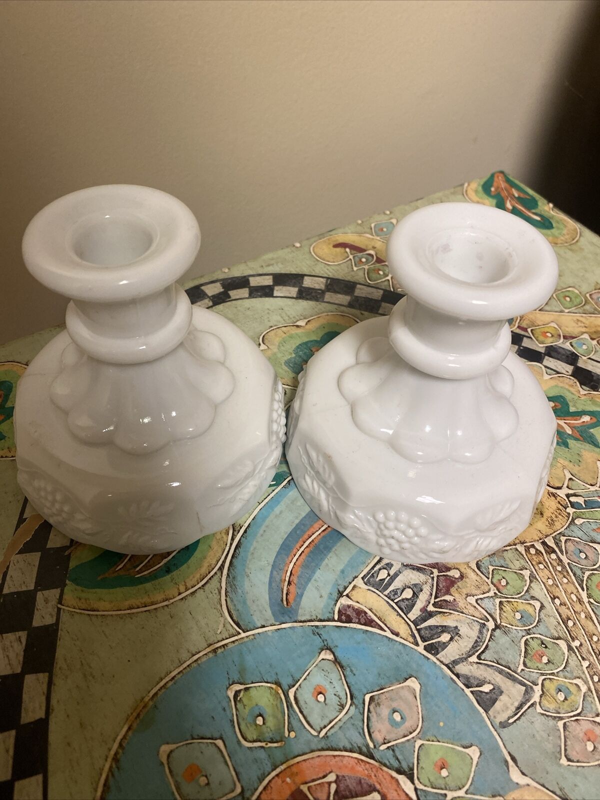 Westmoreland  Milk Glass Candle Holder  Paneled Grape Pattern Vtg Set of 2 Pair