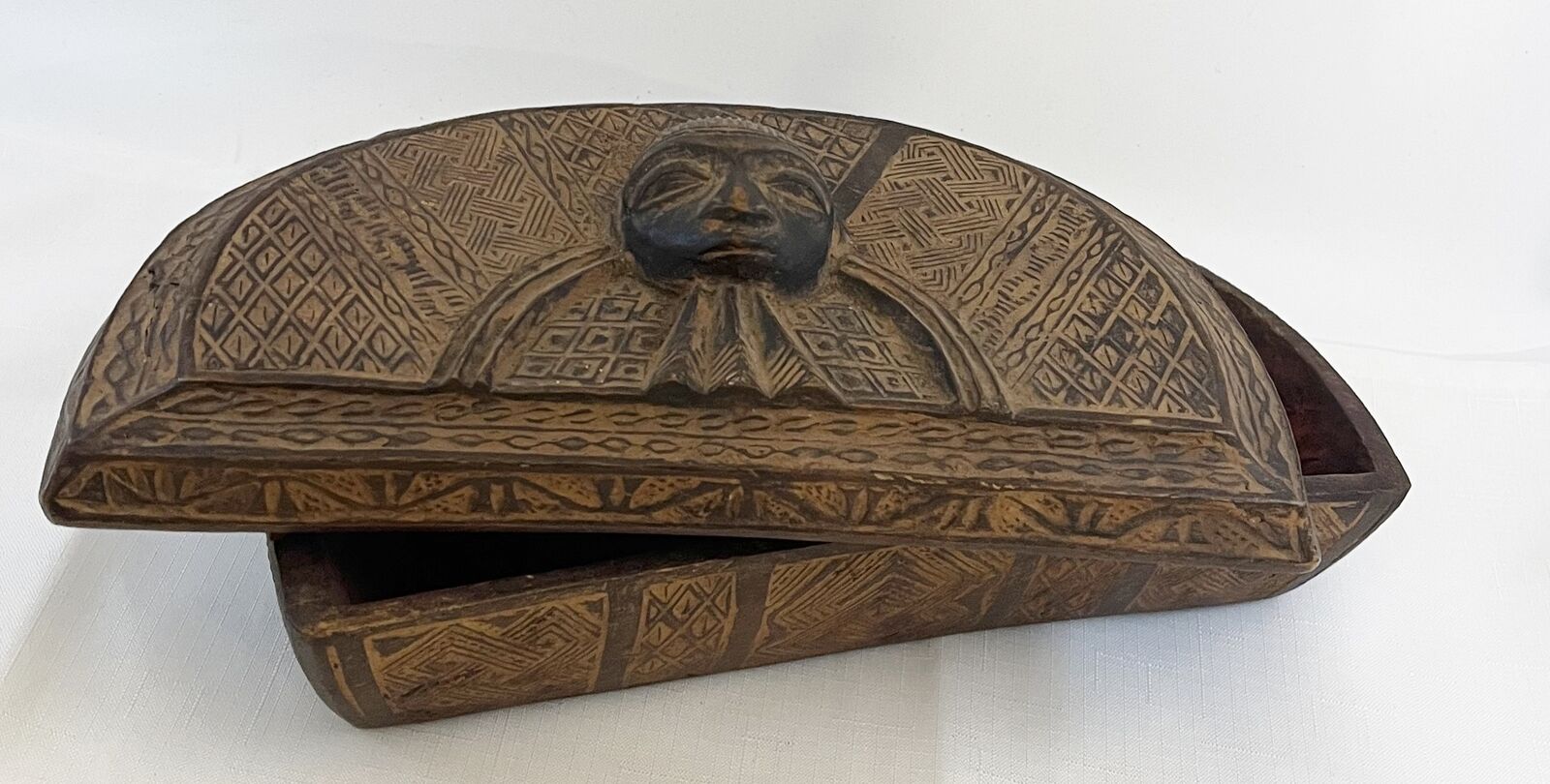 African Tribal Box Carved Wood Kuba Tukula Box Congo Ngongo Crescent Shape & Lid