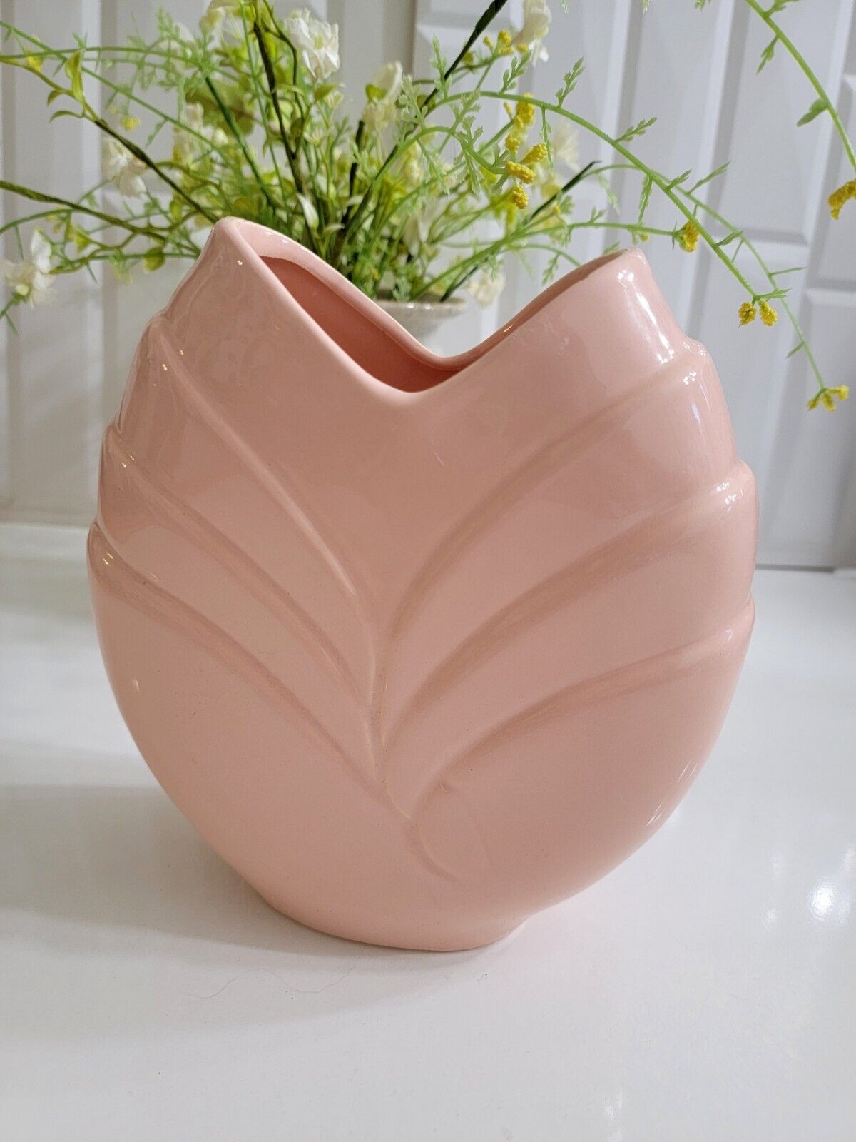 Vintage 1980’s Light Pink Peach  Draped Ceramic Glazed Flower Vase Art Deco 