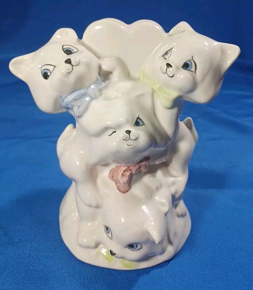 Vintage Mid Century Kitschy White  Kittens Cats Bows Bowties Heart Bud Vase 