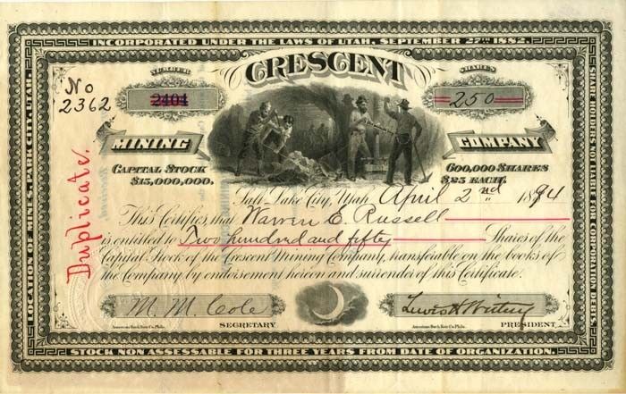 Crescent Mining Co. - Stock Certificate - Mining Stocks