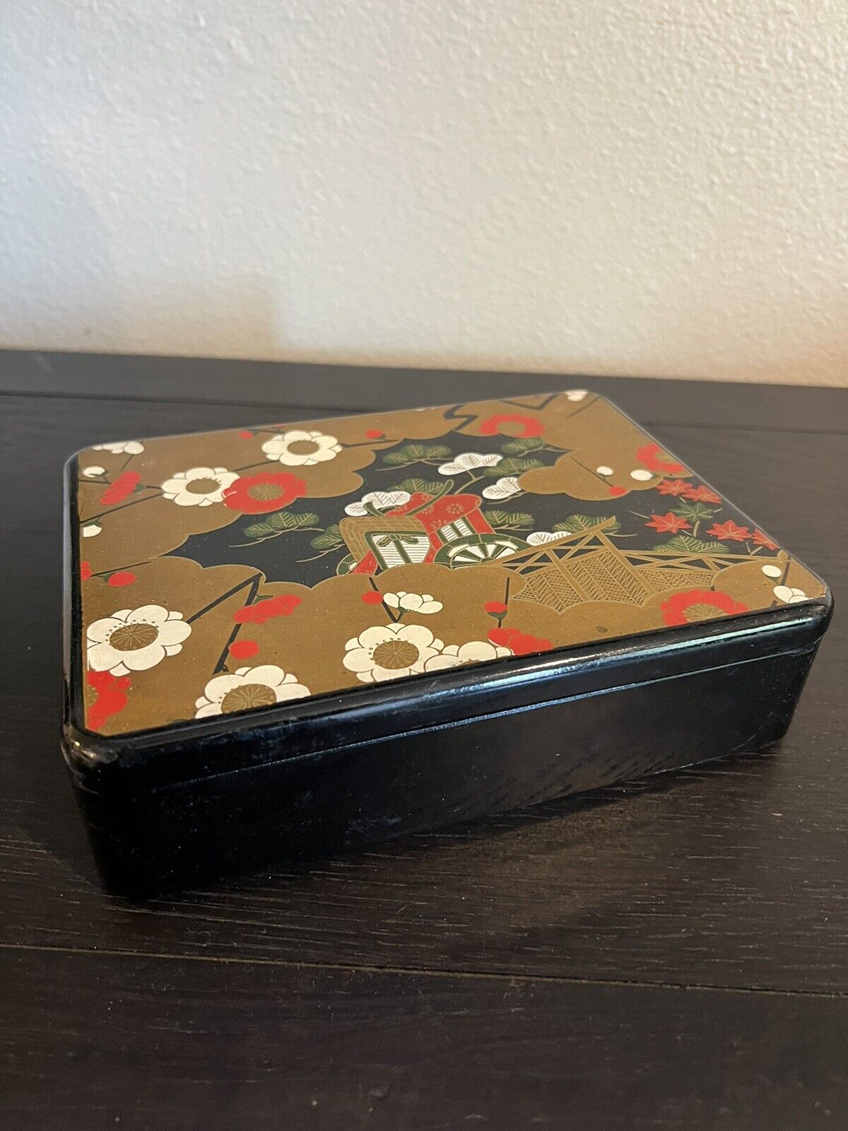 Vintage Japanese Storage Trinket Box W/ Lid Gold & Black Image 