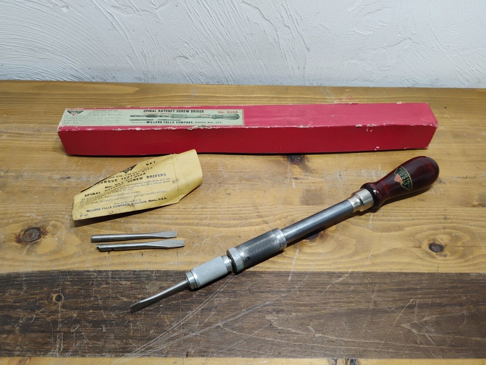 Vtg Antique 1926 Millers Falls Tool 610A Spiral Ratchet SCREWDRIVER Yankee Bits