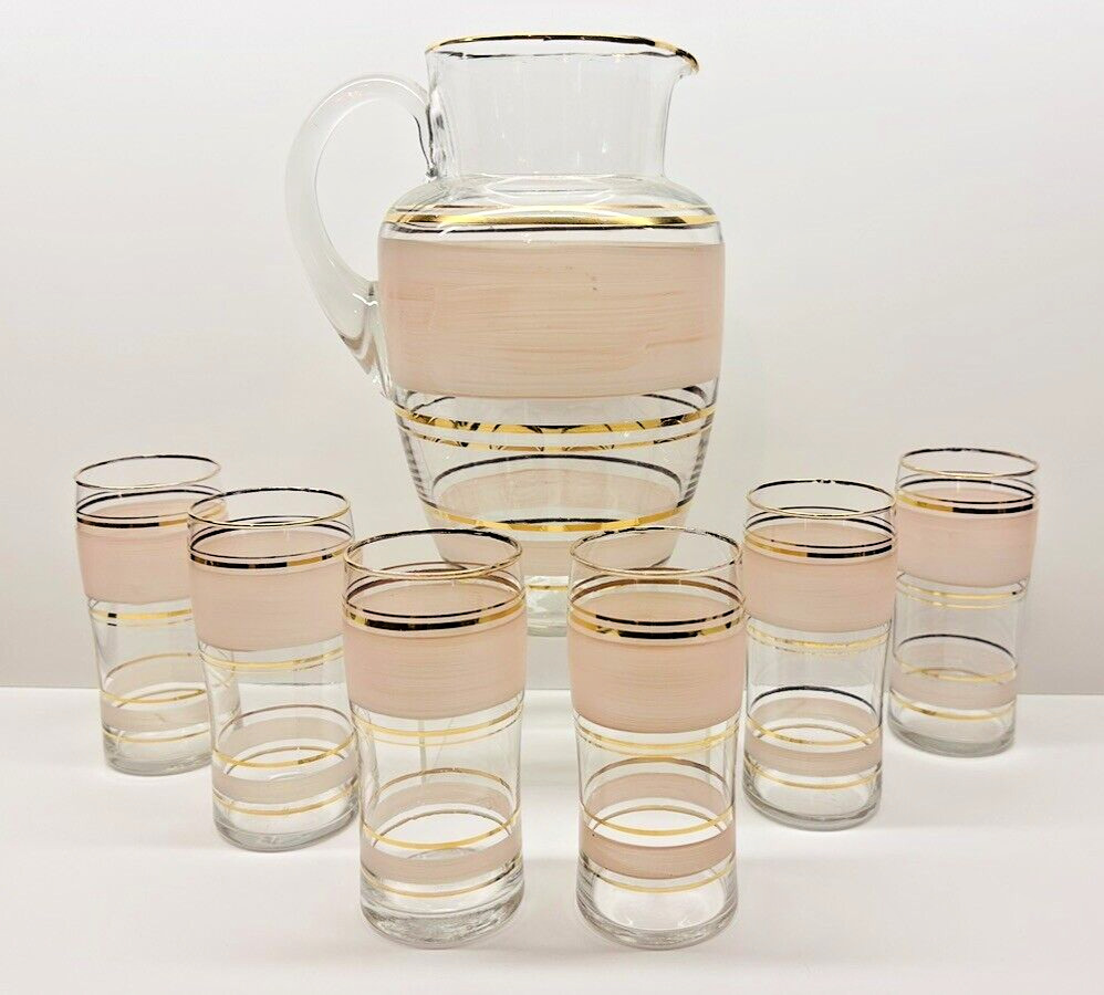 Vintage 7 Pc Clear Glass With Pink & Gold Trim Pitcher Tumbler Set