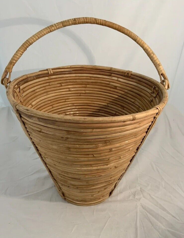 Bohemian Large Vintage Rattan Coiled Basket w/Swing Handle RARE