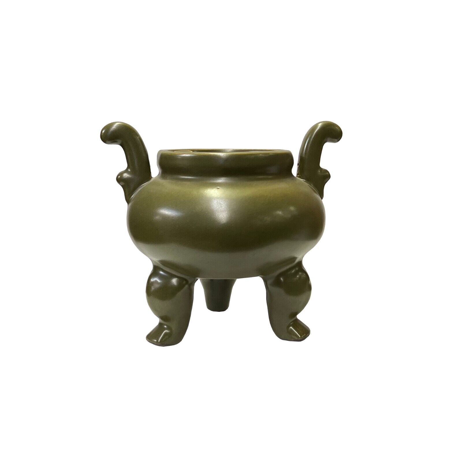 Chinese Handmade Dark Olive Army Green Ceramic Accent Ding Holder ws3399