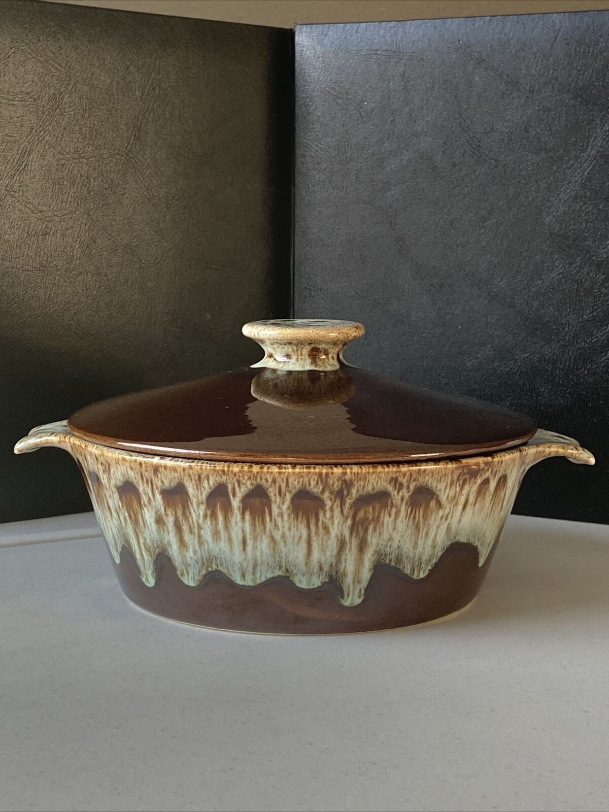Vintage Casserole Dish Covered Baking Pottery Drip Glaze Ceramic