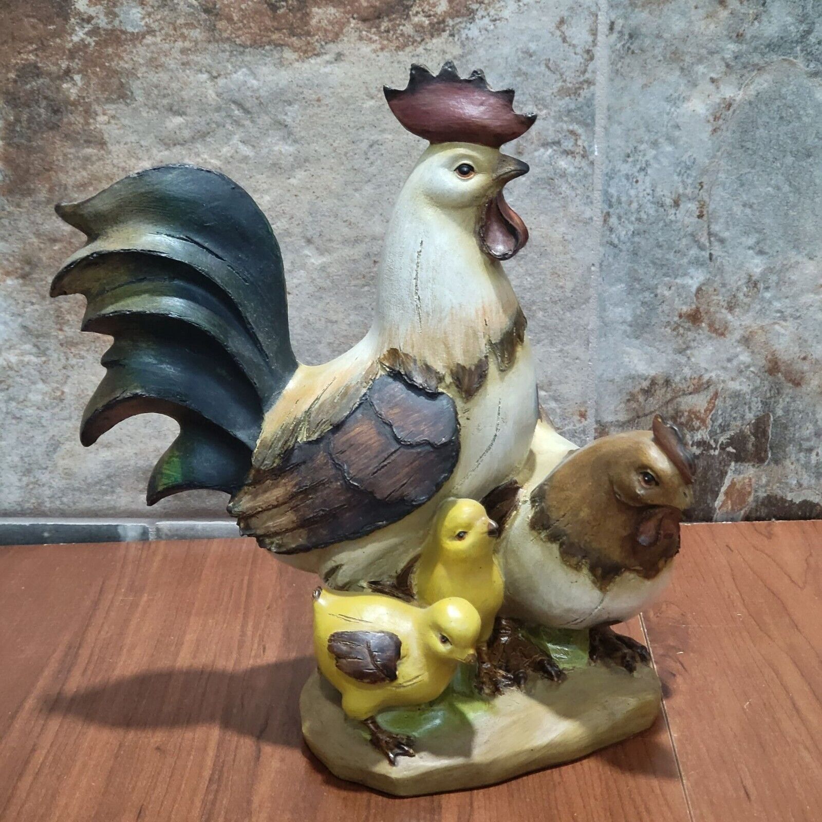 Chicken Family Rooster Hen Chicks Wood Look Figurine Farm Decor