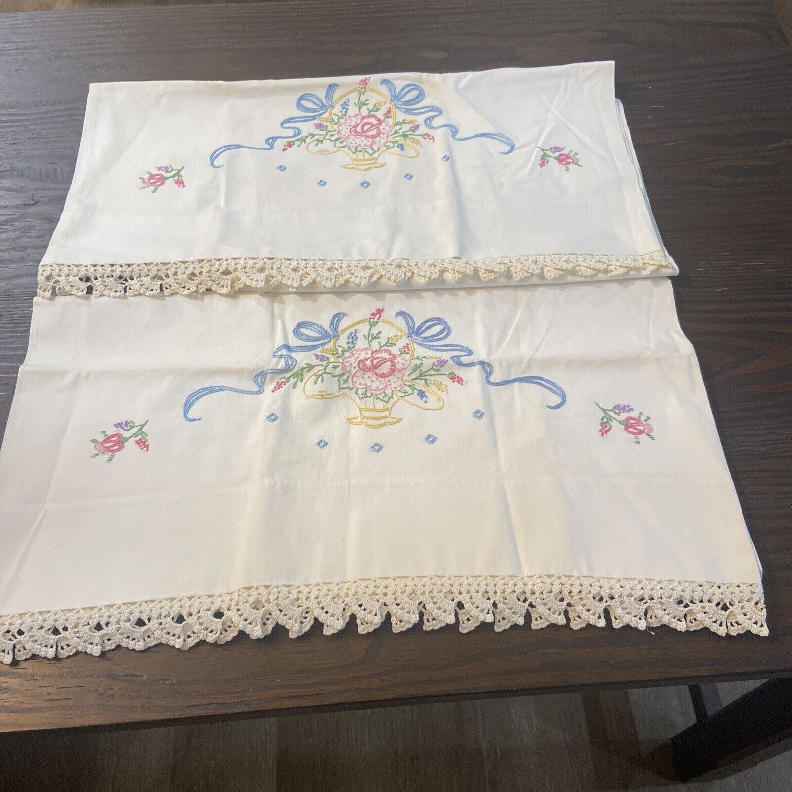 Vintage Hand Embroidered Pillowcases With Flowers And Basket. Pair