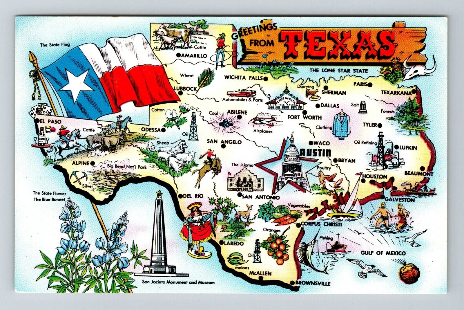 TX-Texas, General Greetings, Map View, Landmarks, Vintage Postcard