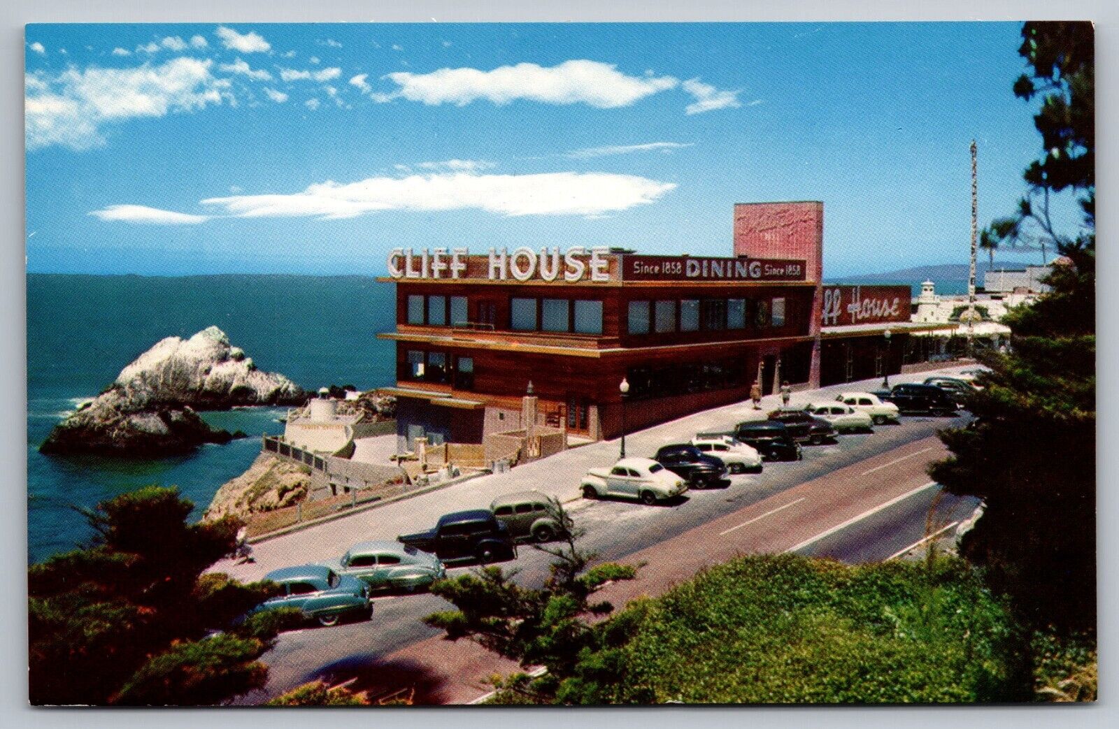 Cliff House San Francisco California Vintage Postcard-Aerial-Sea Rocks-Old Cars