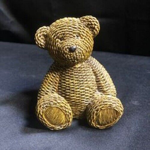 Basket Weave Teddy Bear Bank Figurine Unique Cute Wicker Texture Decor