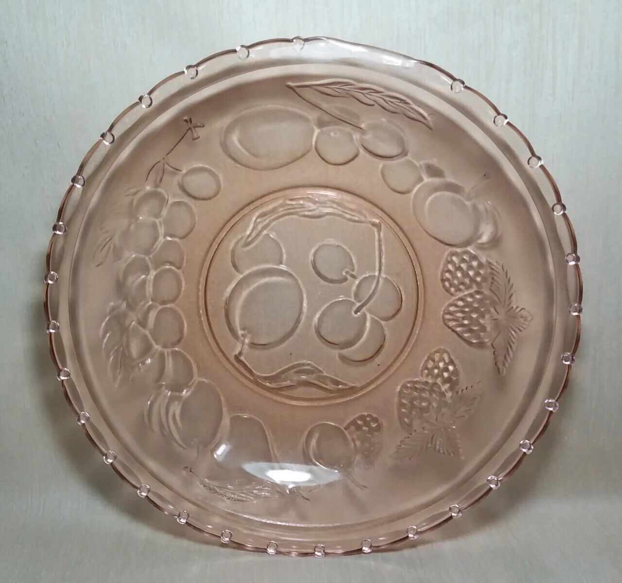 Pink Peach Depression Glass Fruit Bowl-Press Shaped-Indonesia 8.75\