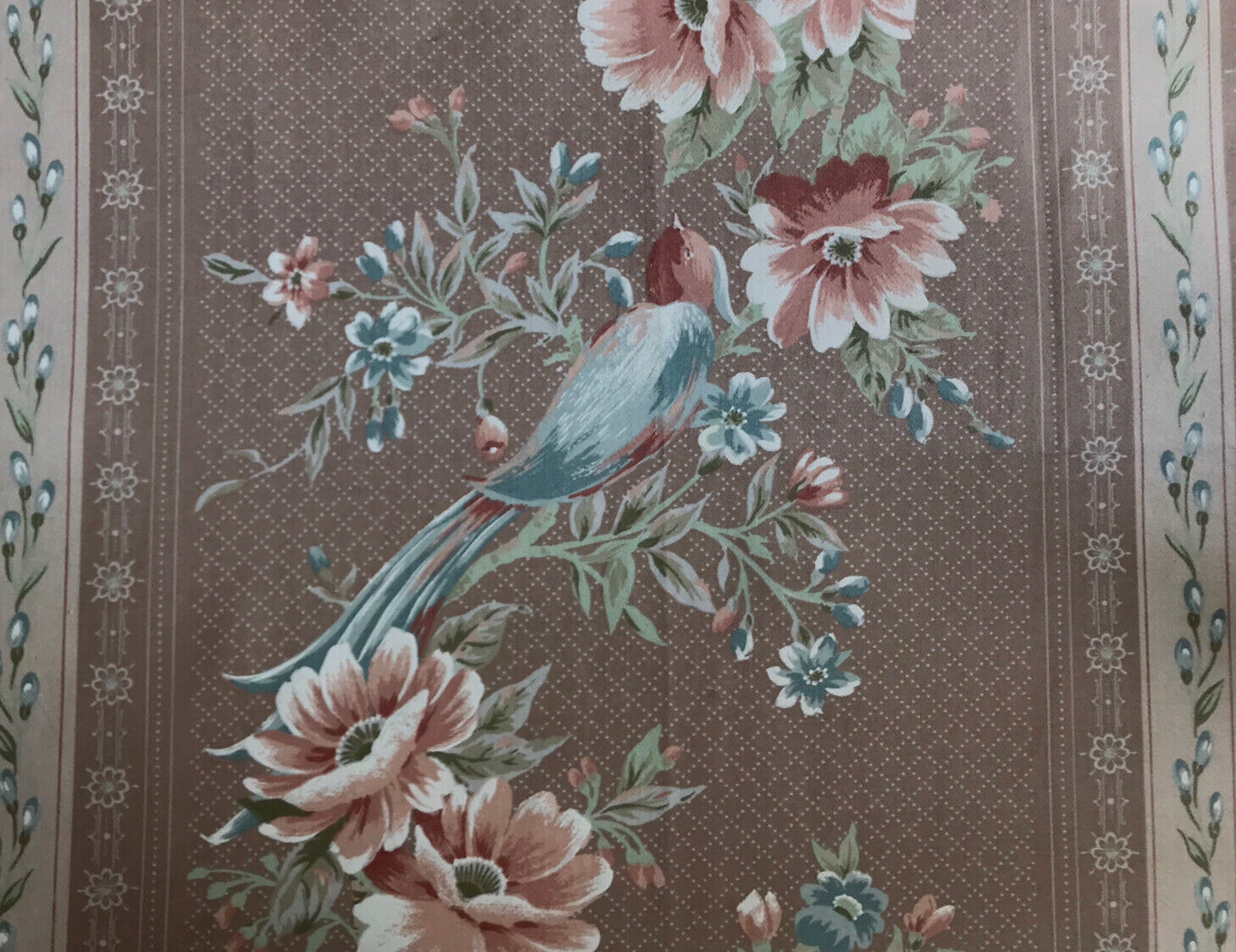  Rectella  Fabric‘Two’s Company ‘ Bird Cotton Mushroom & Pink & Blue  FQ 22”x20”