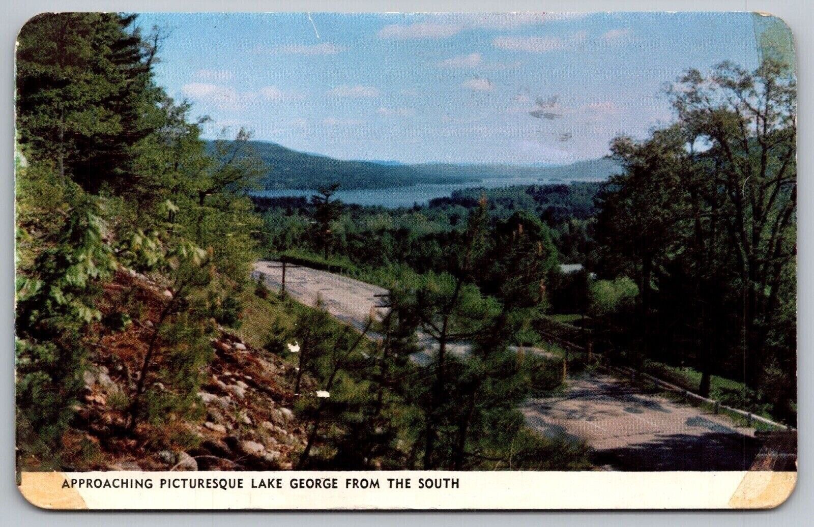Lake George South View New York Forest Mountains Cancel 1950 WOB PM VNG Postcard