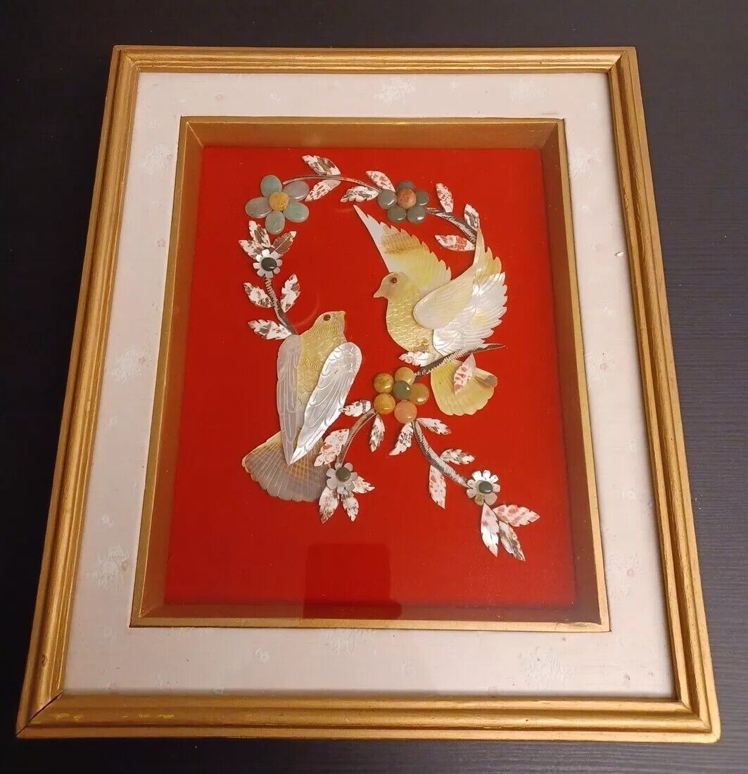 Vintage Asian Sea Shell Art Birds On A Branch/ Flowers