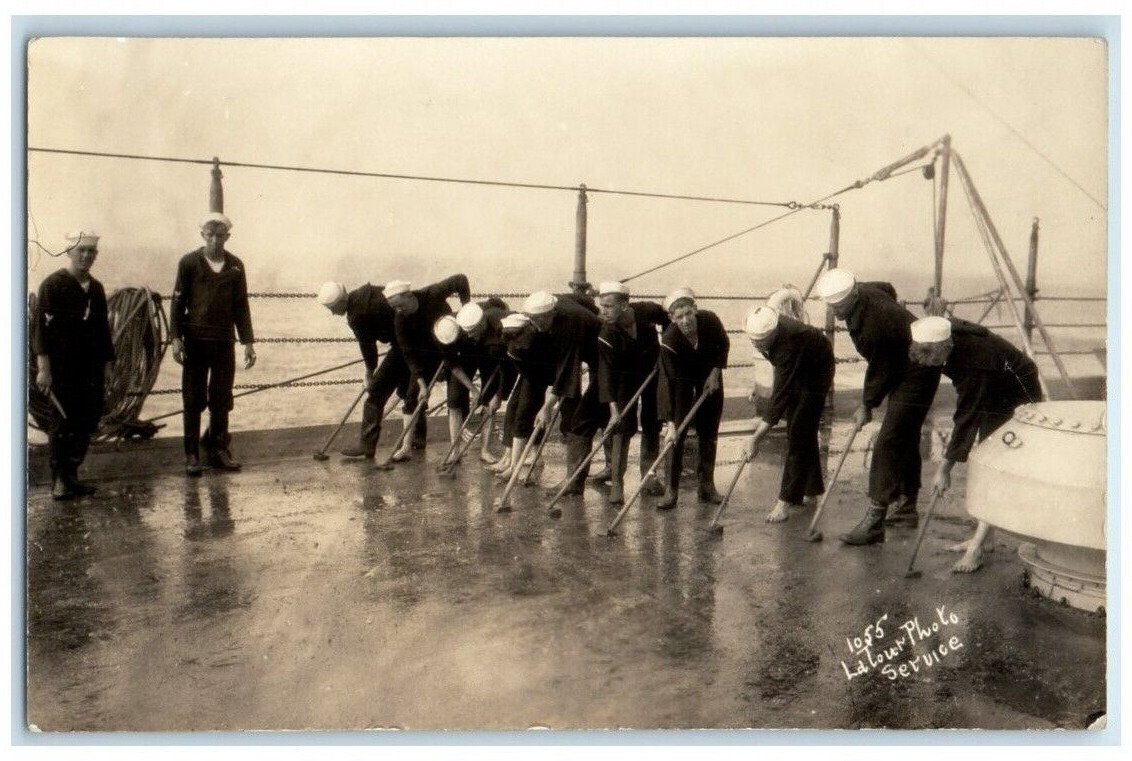 c1920\'s USS Colorado Sailors Holy Stoning Deck Sailors View RPPC Photo Postcard