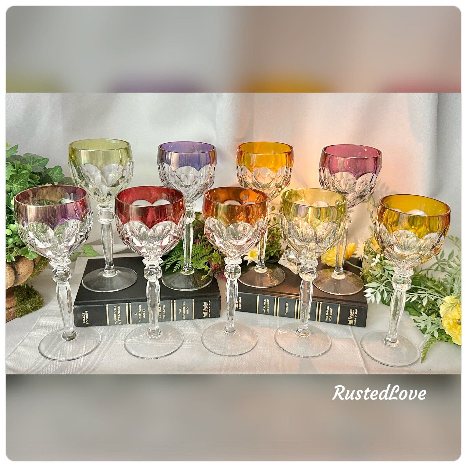 Anna Hutte Hock Wine Glasses Germany ANN5 Cased Crystal Colored Goblets - 9 Pc