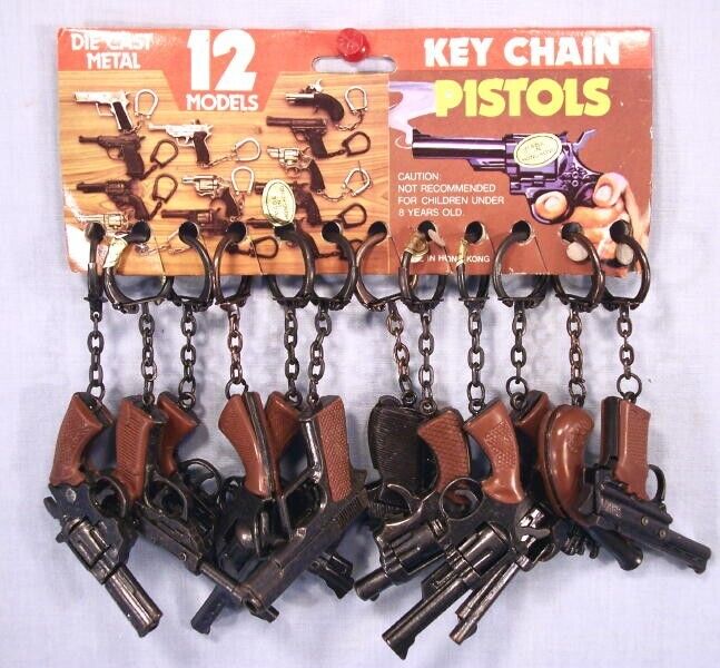 One Dozen ~ Toy Keychain Cap Guns on Full Dime Store Display ~ 1970\'s Hong Kong